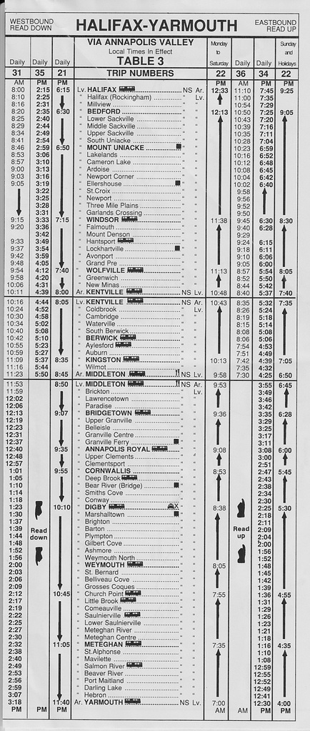 Acadian Lines Halifax-Yarmouth (Nova Scotia) timetable from 6 April 1992