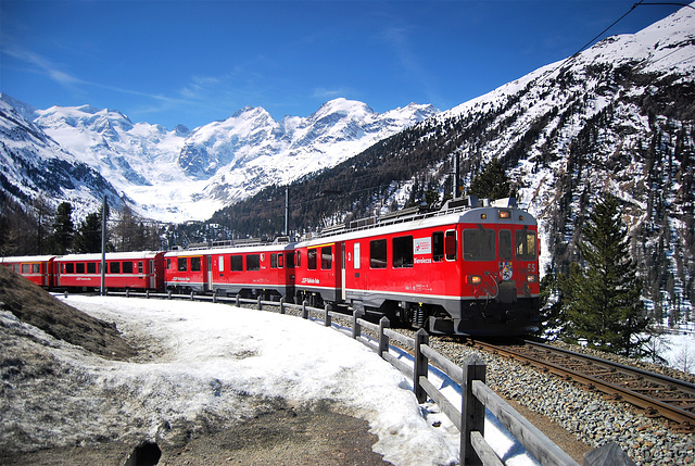 Morteratsch Glacier from Montebello curve  on the  Bernina Railway (and a fence too!)