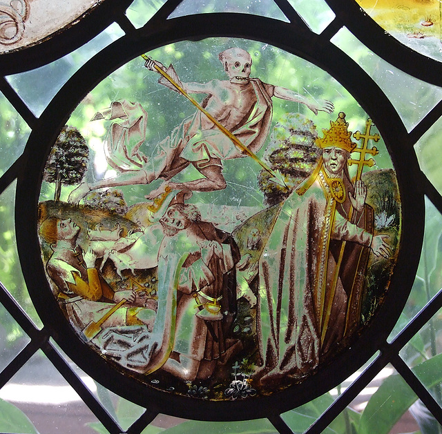 Vanitas: Death with a Peasant, a Prince and a Pope Stained Glass Roundel in the Cloisters, June 2011