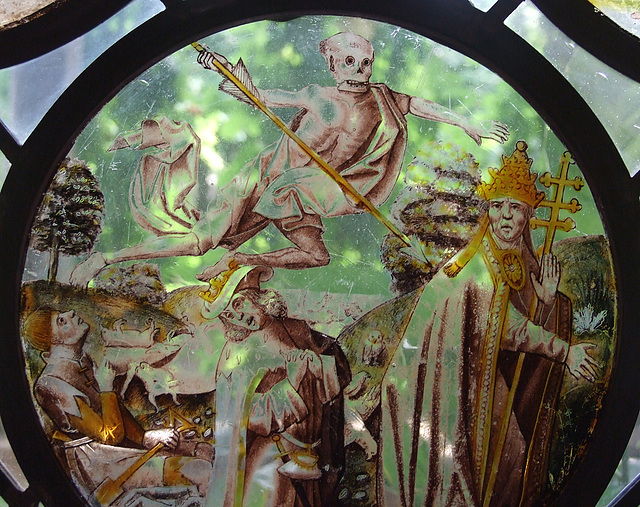 Detail of Vanitas: Death with a Peasant, a Prince and a Pope Stained Glass Roundel in the Cloisters, June 2011