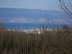 Sportboothafen Portalban am Neuenburgersee, im Hintergrund die Stadt Neuenburg / Neuchatel