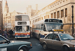 Stagecoach United Counties 650 (H650 VVV) and Cambus 303 (PEX 619W) in Cambridge – 12 January 1991 (135-26)