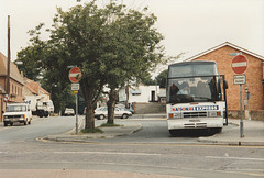 Ambassador Travel 103 (F103 CCL) leaving King Street, Mildenhall – 25 July 1992 (168-13)