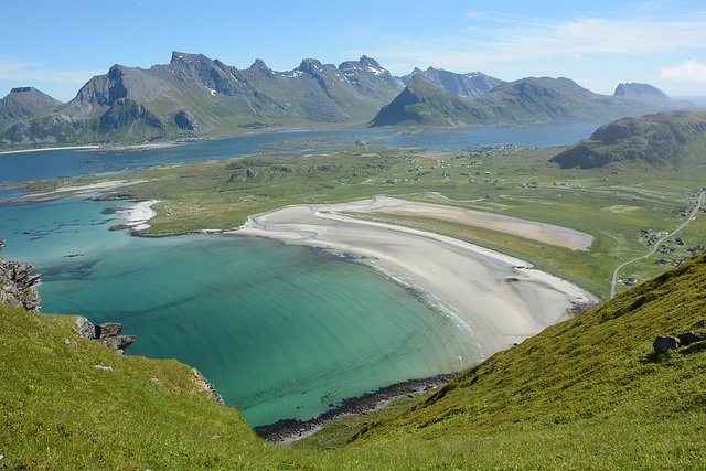 Norway, Lofoten Islands, Ytresand Beach Viewed from Yttersandheia Ridge