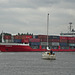 Containerfrachter HJÖRDIS Trave abwärts in Travemünde