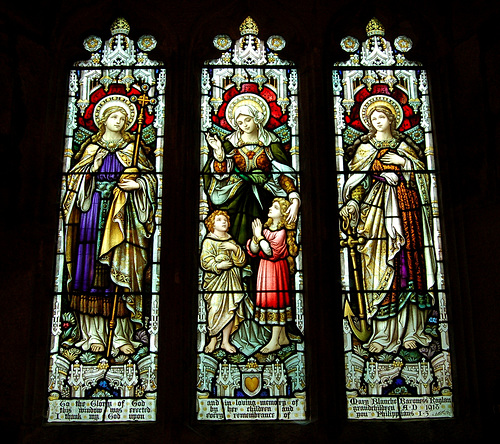 Faith, Hope, and Charity Window in memory of Baroness Raglan, Saint John's Church, Llandenny, Monmouthshire