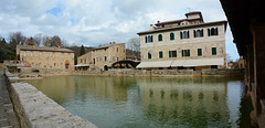 Italy, Bagno Vignoni Thermal Pool Taken from Church of San Giovanni Battista