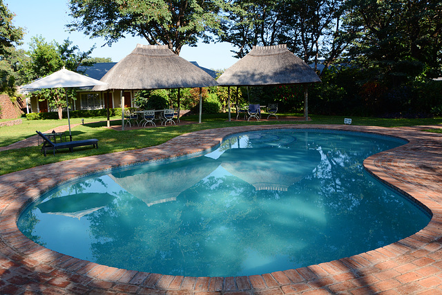 Zimbabwe, Reflection in the Water of the Pool at Pioneers Lodge