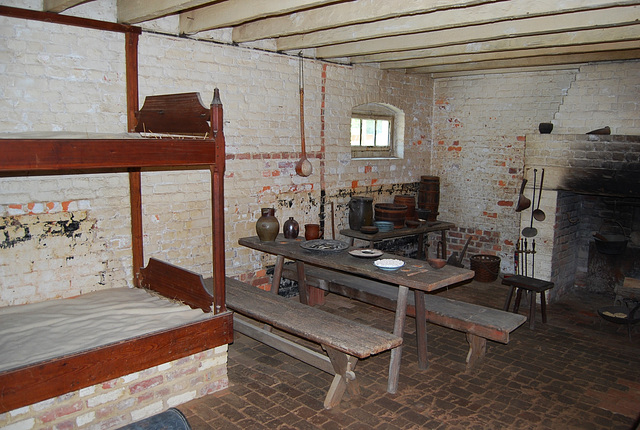 Benches, table, and walls in George Washington 'Greenhouse slave quarters'