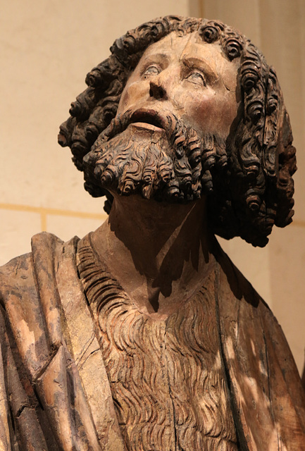 C'est quoi ce temps pourri ! Bois polychrome de Saint Jean-Baptiste , début du XVe siècle .