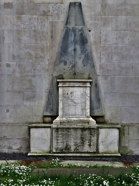 st alfege,  greenwich, london, monument of sir james creed m.p. +1762 and family, built up against the north side of the tower. looks like it's had the sword and mace removed from the back.