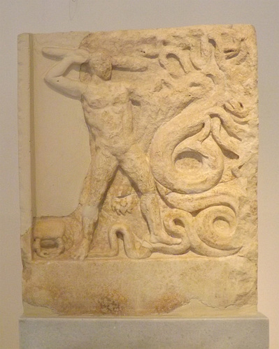 Relief from Lerna with Herakles and the Hydra in the National Archaeological Museum in Athens, May 2014