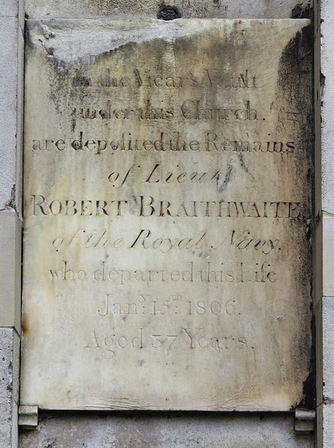 st alfege,  greenwich, london, lieut robert braithwaite r.n., +1806, memorial on outside of tower