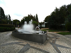 A fountain in the middle of a garden sidewalk
