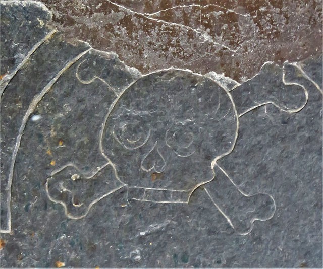 dittisham church, devon , skull detail on c17 ledger tomb of rev robert beele+1686 (2)