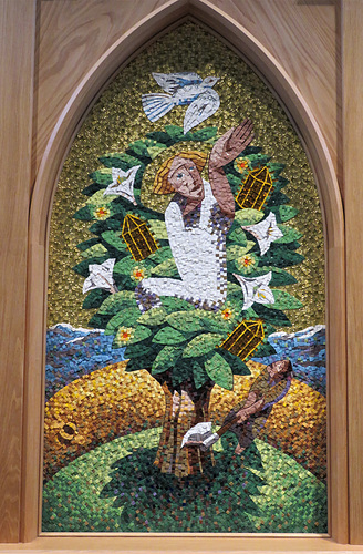 church enstone, oxon  (17) c21 mosaic reredos by nicholas mynheer based on concordances between myths of st kenelm and christ  c.2018