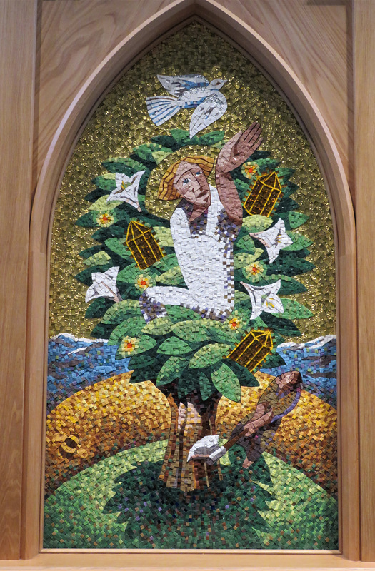 church enstone, oxon  (17) c21 mosaic reredos by nicholas mynheer based on concordances between myths of st kenelm and christ  c.2018