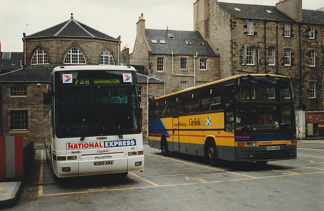 Selwyns N365 AMA (National Express contractor) and Lowland or Midland Bluebird K924 RGE (Scottish Citylink contractor) at Edinburgh - 2 Aug 1997