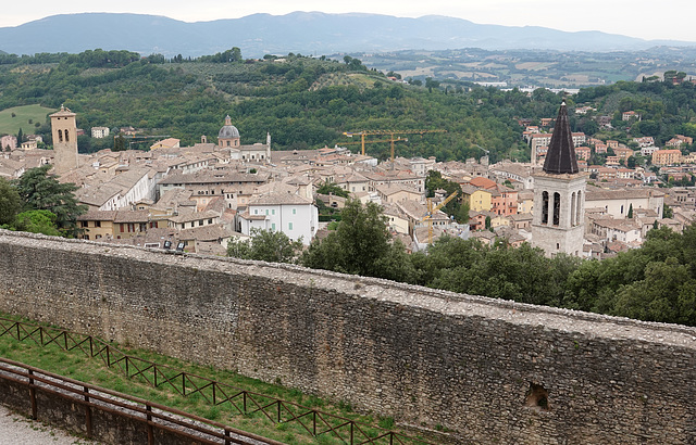 Duomo di Spoleto (dark spire) and Chiesa di San Filippo Neri (dome)