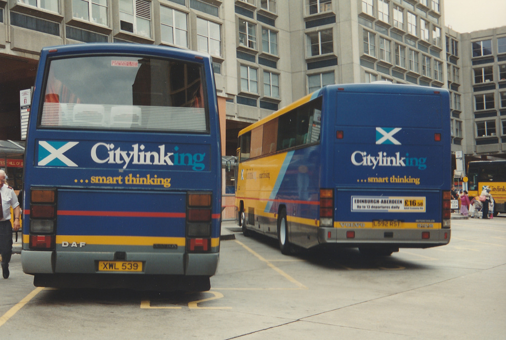 Scottish Citylink contractors - First Grampian Mairs XWL 539 (J795 KHD) and Rapson's L592 RST at Edinburgh - Sat 2 Aug 1997