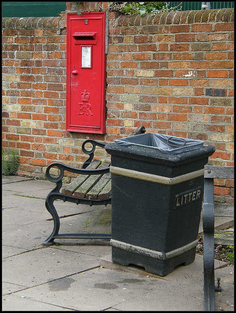 post box, seat and bin