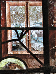 church enstone, oxon  (28) detail of c17 nativity glass