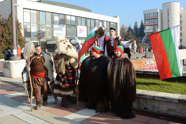 Bulgaria, Blagoevgrad, Carnival "Procession of the Kukers", Whole Family in Fairy Suits