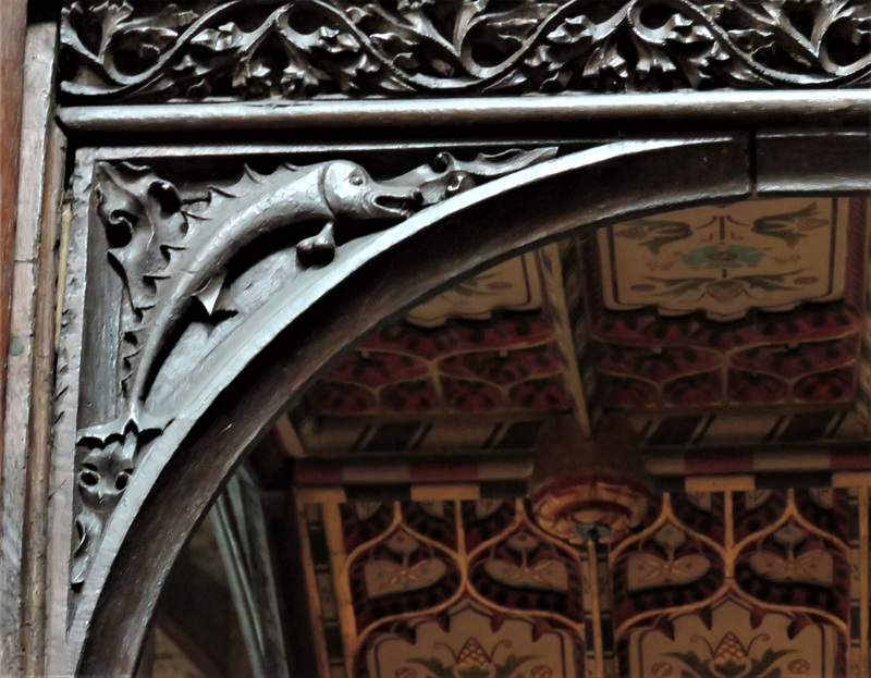 burford church, oxon (122) sturgeon on wooden chantry chapel of st peter, c15, restored by street in 1877