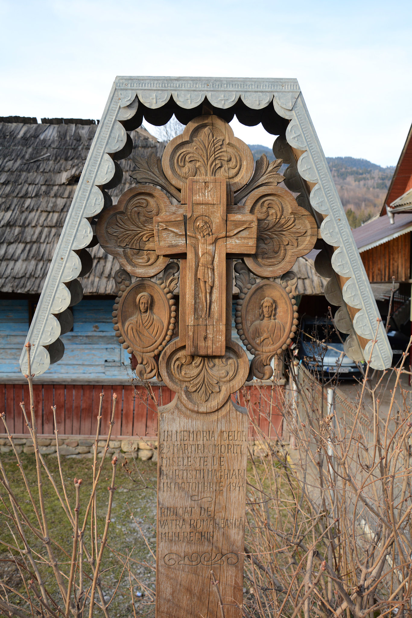 Romania, Maramureș, Wooden Memorial Sign to Victims of the Martyrdom in the Village of Moisei