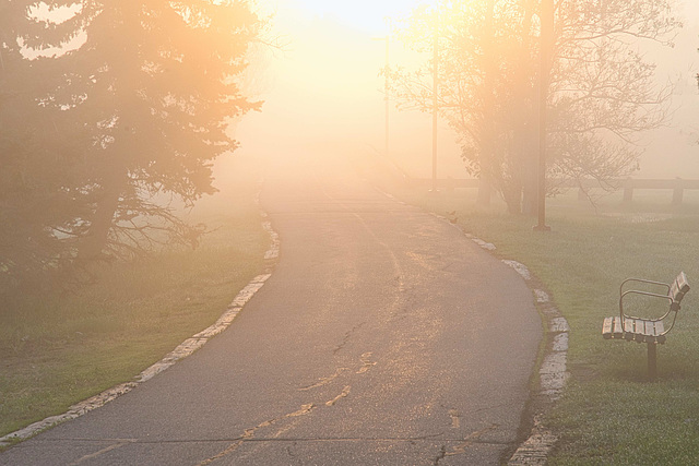 a bench at sunrise