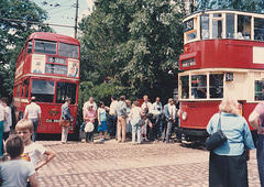 Former London trolleybus 260 (CUL 260) and tramcar 1858 at the East Anglia Transport Museum, Carlton Colville – 6 July 1986 (38-18)