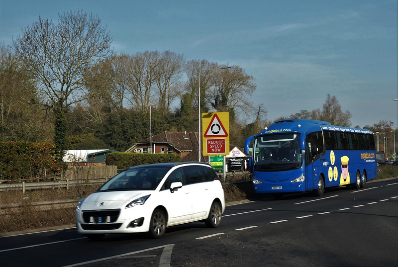 Freestones (Megabus contractor) YN14 FVR passing Barton Mills - 7 Nov 2020 (P1070923)