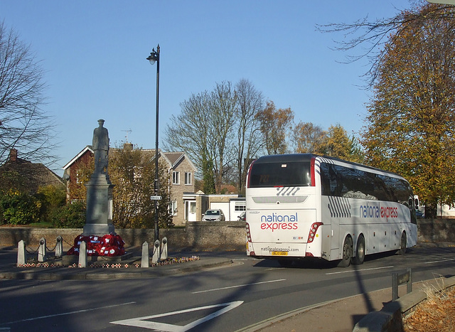 War Memorial, Poppies and Whippet Coaches (National Express contractor) NX23 (BL17 XBB) in Mildenhall - 18 Nov 2018 (DSCN5464)