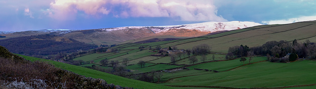 Panoramic of snow topped Bleaklow