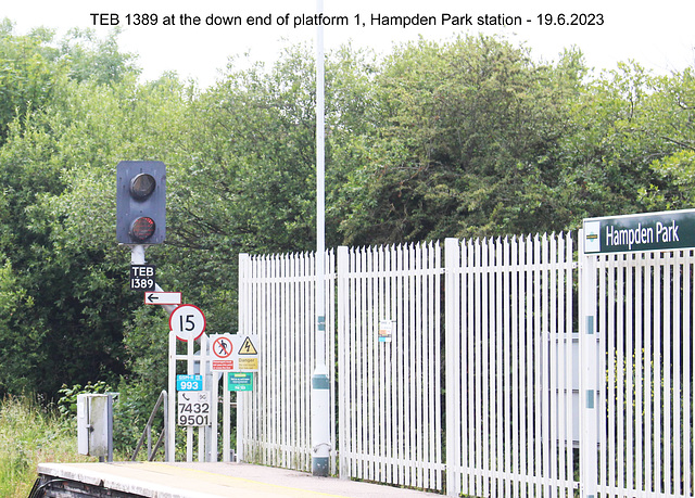 TEB 1389 at the down end of platform 1, Hampden Park station - 19 6 2023