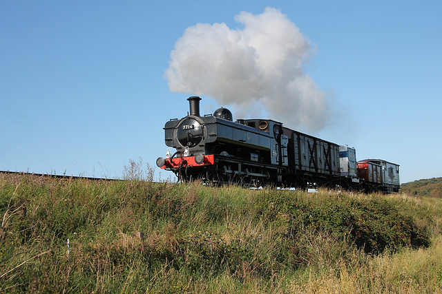 GWR 5700 class 0-6-0PT 7714 between Sheringham and Weybourne with 8M40 16:15 Sheringham - Holt goods North Norfolk Railway 2nd September 2017.