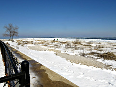 A family walking on the ice at the Lake Huron shore.