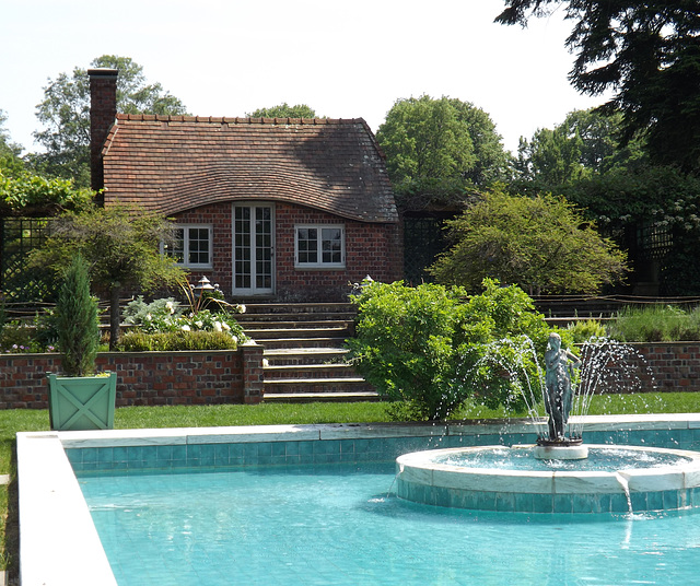 Fountain and Brick Cottage in the Italian Garden at Planting Fields, May 2012