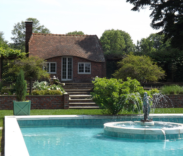 Fountain and Brick Cottage in the Italian Garden at Planting Fields, May 2012