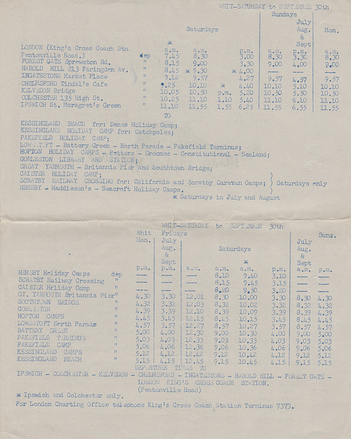 Norfolk Motor Services London service timetable 1950s - Page 2 of 2