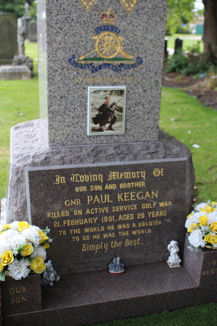 Memorial to Gunner Paul Keegan (1971-1991), Kirkdale Cemetery, Liverpool