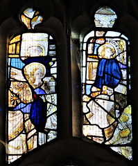 burford church, oxon (16) st barbara, angel of the annunciation, fragments of faces in east window c15 glass