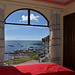 Bolivia, Copacabana, View of Lake Titicaca through the Window of the Hotel Mirador