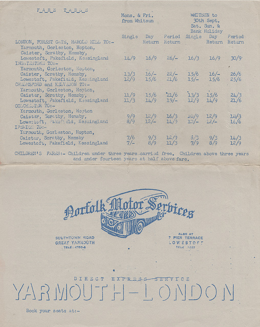 Norfolk Motor Services London service timetable 1950s - Page 1 of 2