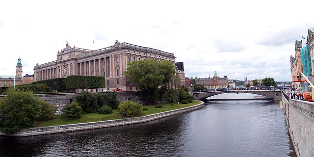 Stockholm, Helgeandsholmen and Sveriges Riksdag from Strömgatan