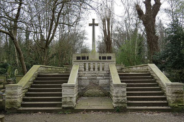 abney park cemetery, london,c20 war memorial built over the old catacombs, with blomfield's cross of sacrifice