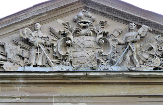 wollaton hall, notts; heraldry on c18 stable block pediment
