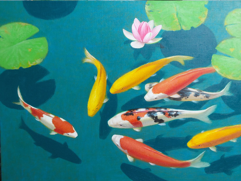 Colorful fish and lotus 2 =Belaj fisxoj kaj lotuso 2 =연못 속의 비단잉어 2(多色魚與蓮葉 2)_oil on canvas=유채_53X65.2cm(15p)_2015_Song Ho