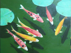 Colorful fish and lotus 3 =Belaj fisxoj kaj lotuso  =연못 속의 비단잉어 3(多色魚與蓮葉 3)_oil on canvas=유채_37.9X45.5cm(8f)_2015_Song Ho