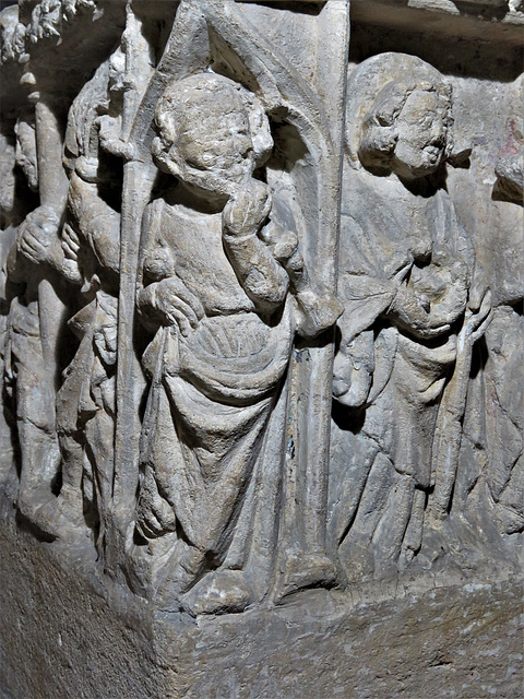 shilton church, oxon (15) c14 figure blowing last trump on the font